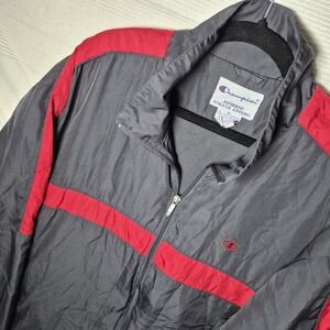 Vintage Champion Track Jacket Mens XL Gray Red Full Zip Athletic Windbreaker